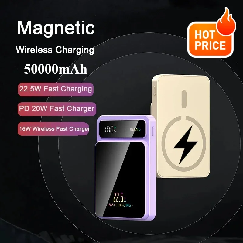 2025 New 50000mAh Magnetic Power Bank Wireless Charging Portable External Battery Fast Charger for iPhone Samsung Huawei