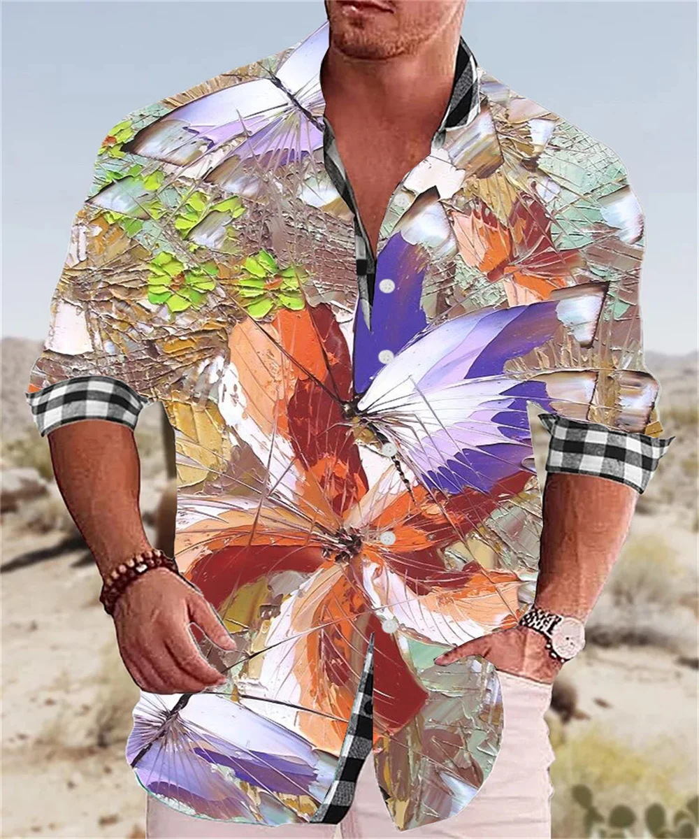 2023 men's flower shirt summer leisure lapel street graffiti flower printing long sleeve oversized shirt men's cardigan