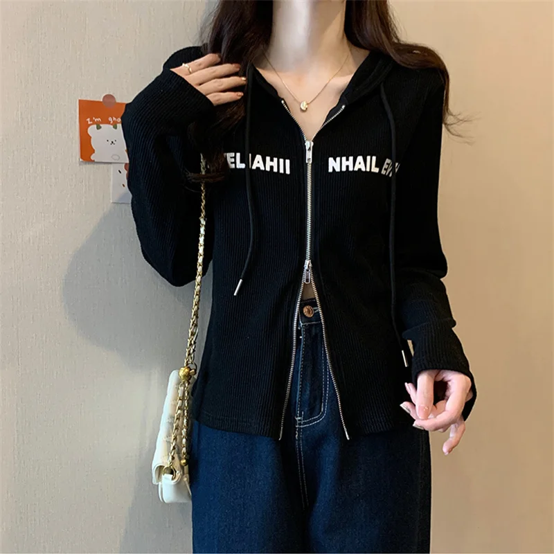 Fashion Printed Letter Casual Zipper Hooded T-Shirts Female Clothing 2024 Autumn New Loose All-match Tops Sweet Tee Shirt