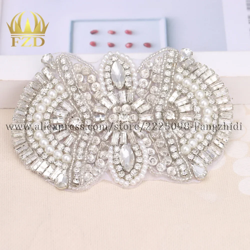 FZD 10 piece Sewing On Hot Fix Sliver Crystal Bridal Headbands or Sash Rhinestone Appliques for Wedding Dresses Hair Decoration