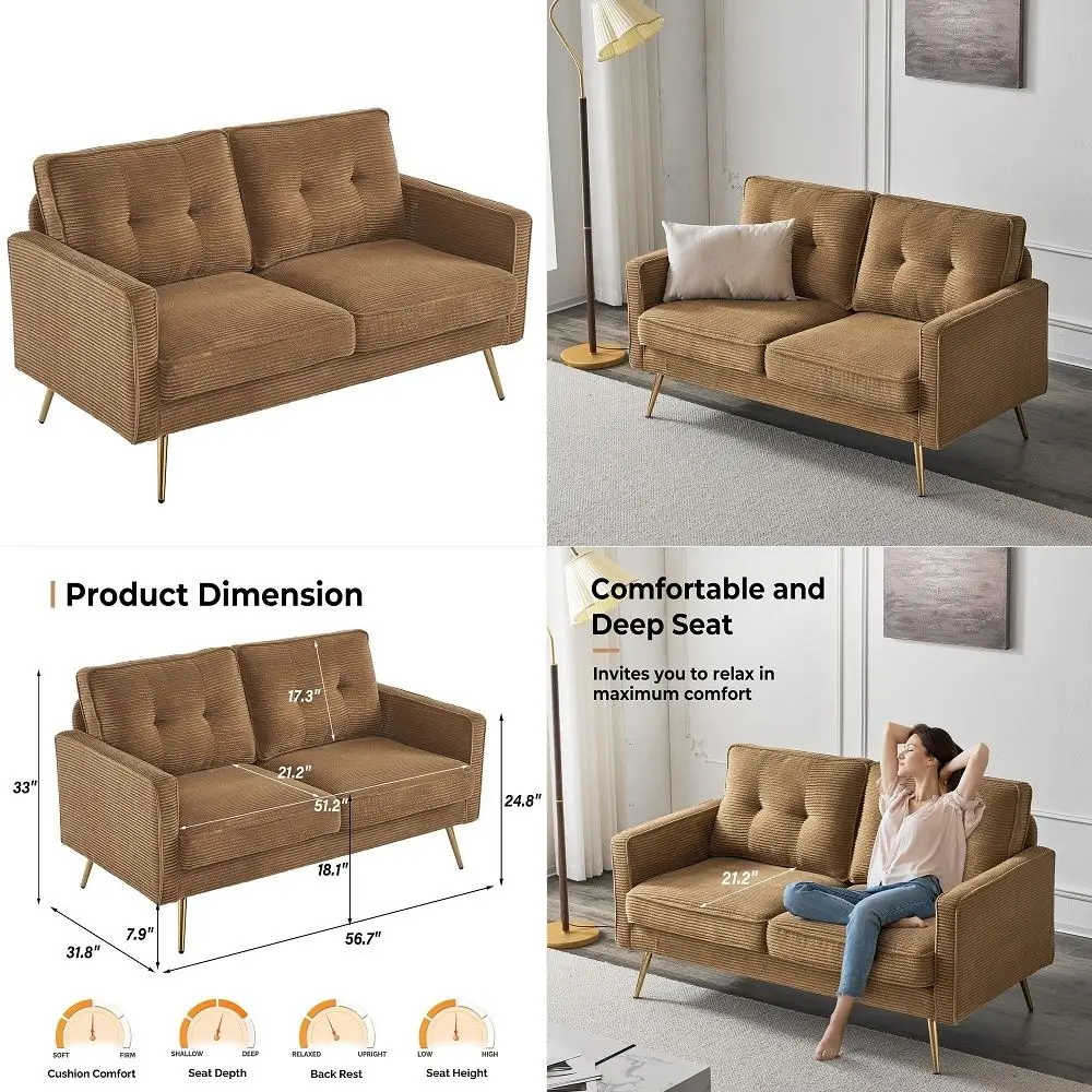 

56 Modern Khaki Loveseat,Small Corduroy Sofa Couch Deep Seat for Living Room,2Seater Loveseat Sofa for Bedroom,Apartment,Office