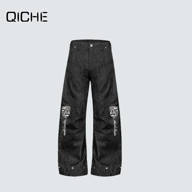 QICHE 2026 Men Daily Street‑wear Curved‑Blade Jeans American Rivet Deconstructed Heavy‑Split Cleanfit Loose Wide‑Leg Denim Trous