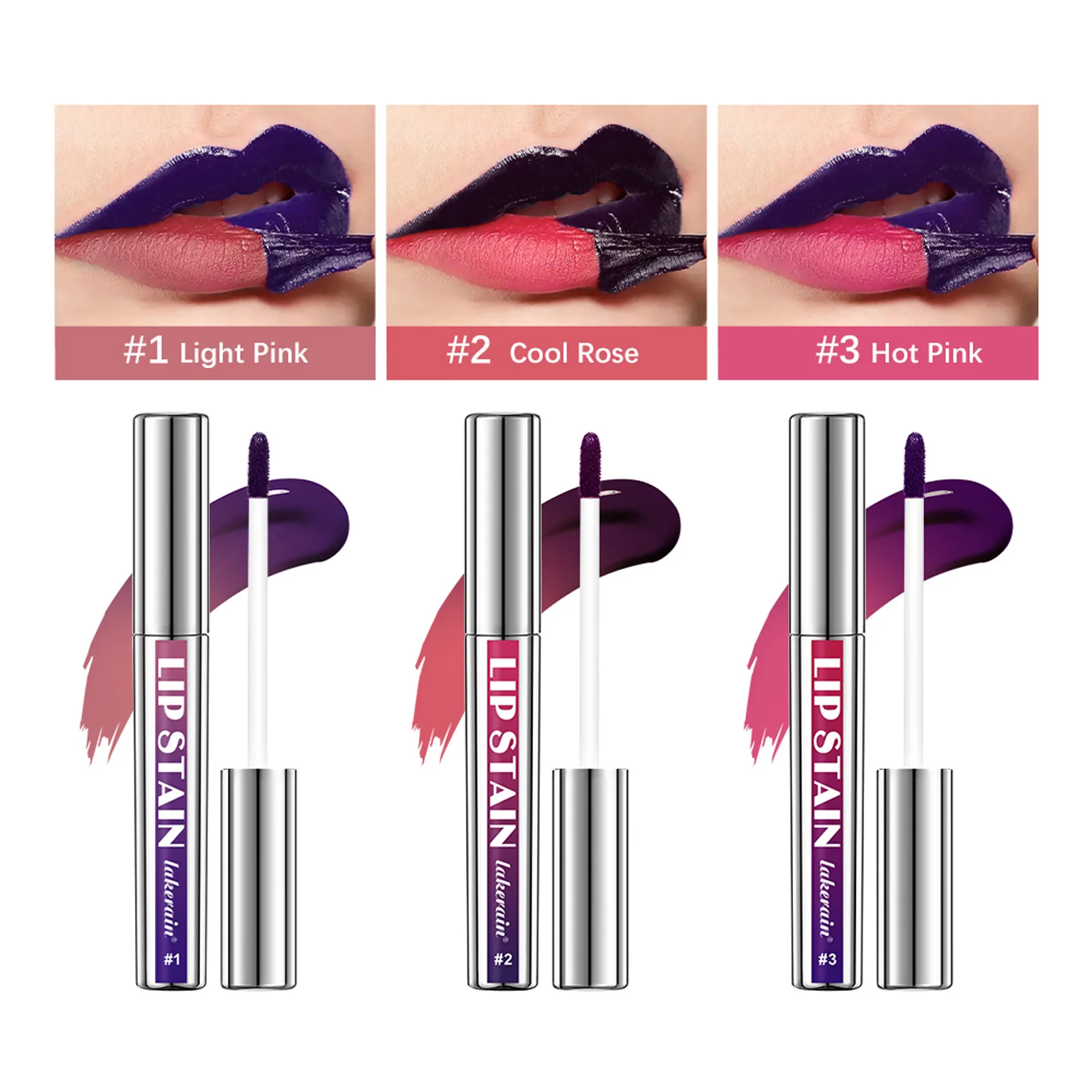 Lakerain 3-Farben-Pull-Up-Lipgloss, silberner Tube-Pull-Up-Lipgloss, samtmattes Finish, einfach aufzutragender Lipgloss