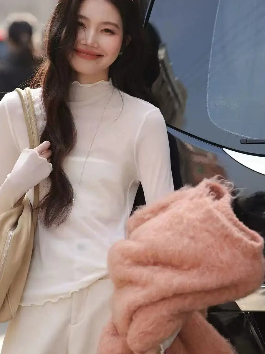 White Transparent Lace Base Shirt Women's Fashionable High Collar Thin Spring Autumn Mesh Inner Wear Net Shirt Lace Top