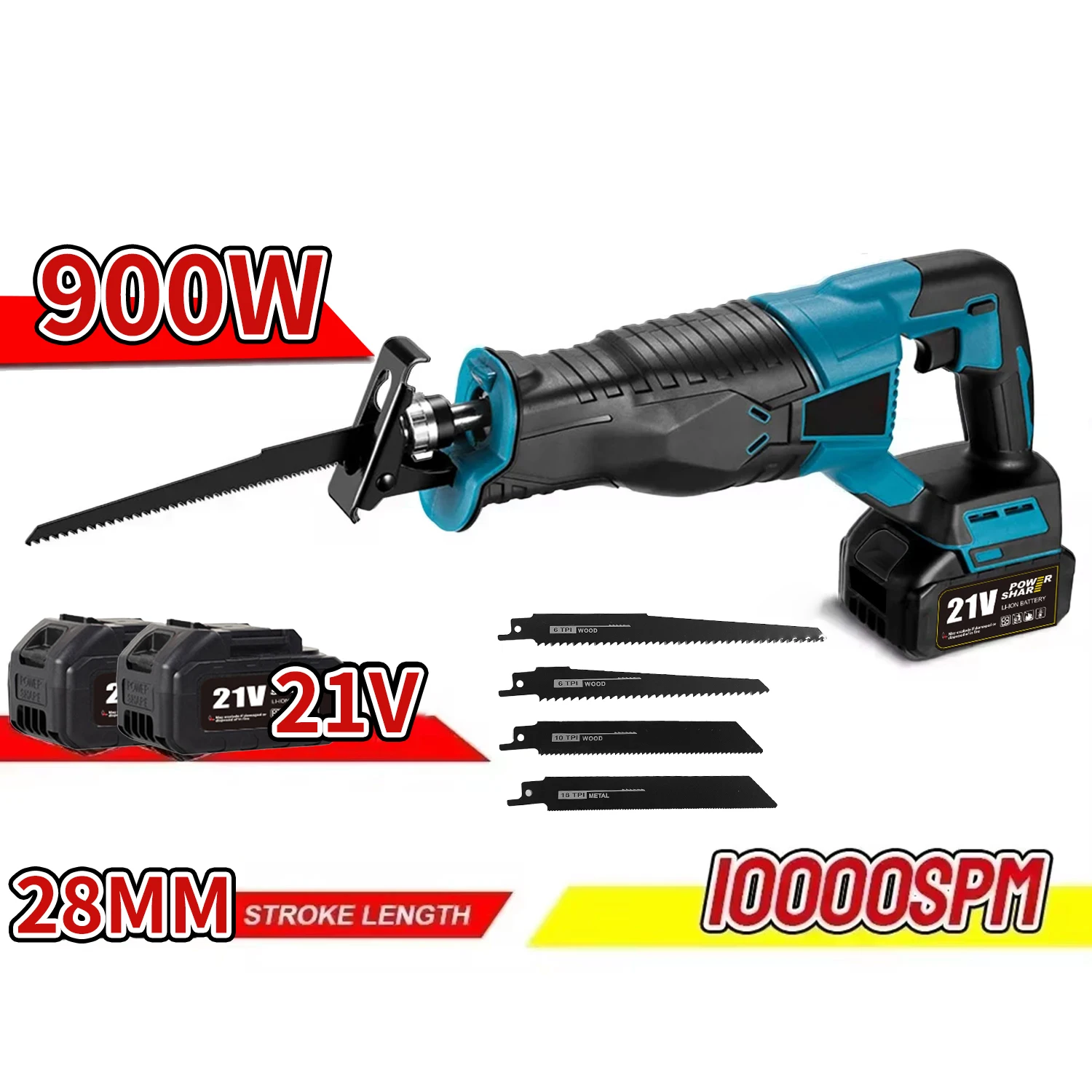 Sega Elettrica a Movimento Alternato 10000SPM 900W Senza Fili Ricaricabile Senza Spazzole Utensile da Taglio Multifunzione con 4 Lame per Taglio di Legno, Metallo e Tubi