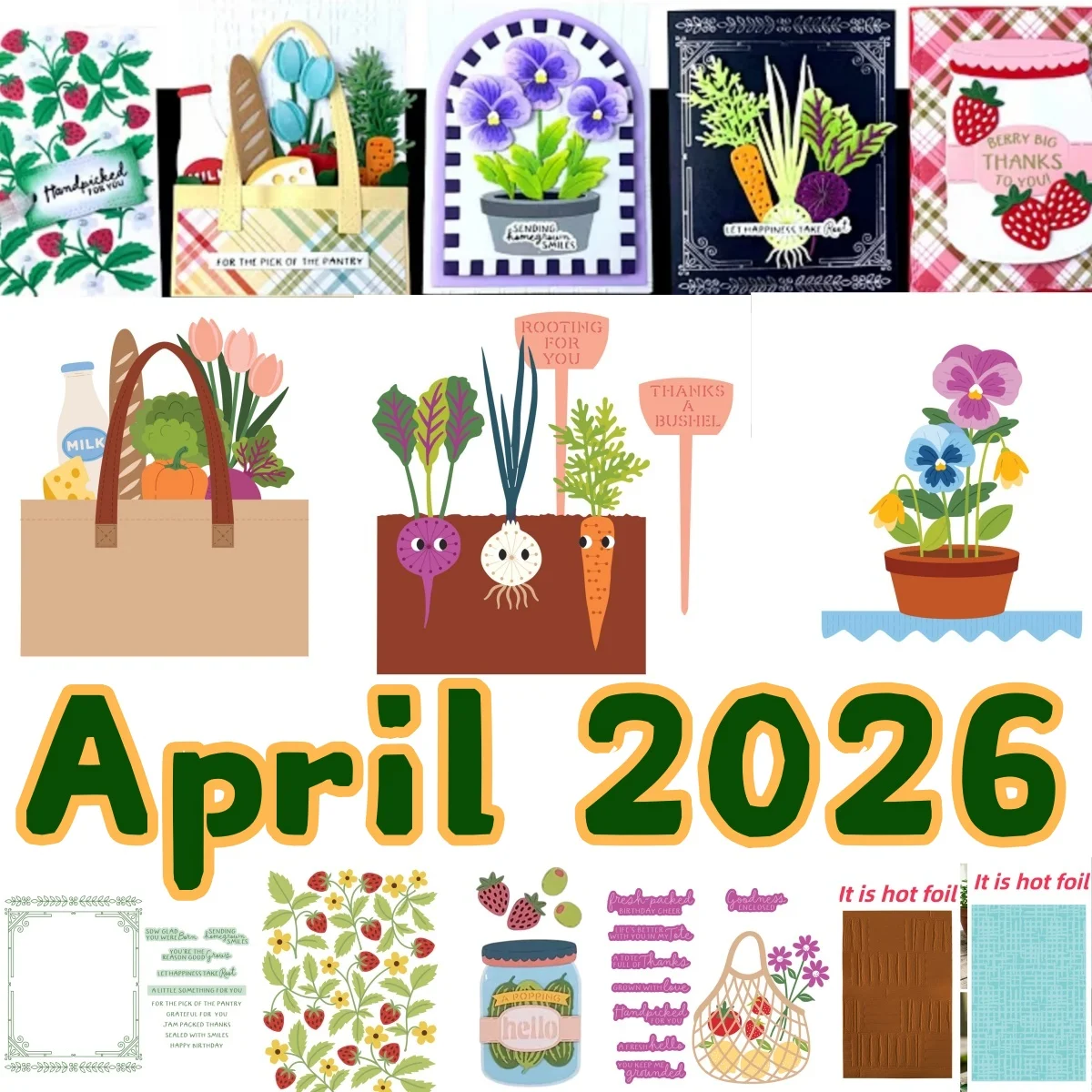 

Market Tote Jar Trio Berries Metal Cutting Die Clear Stamps Stencil Hot Foil for DIY Decorating Scrapbook Paper Card Album 2026