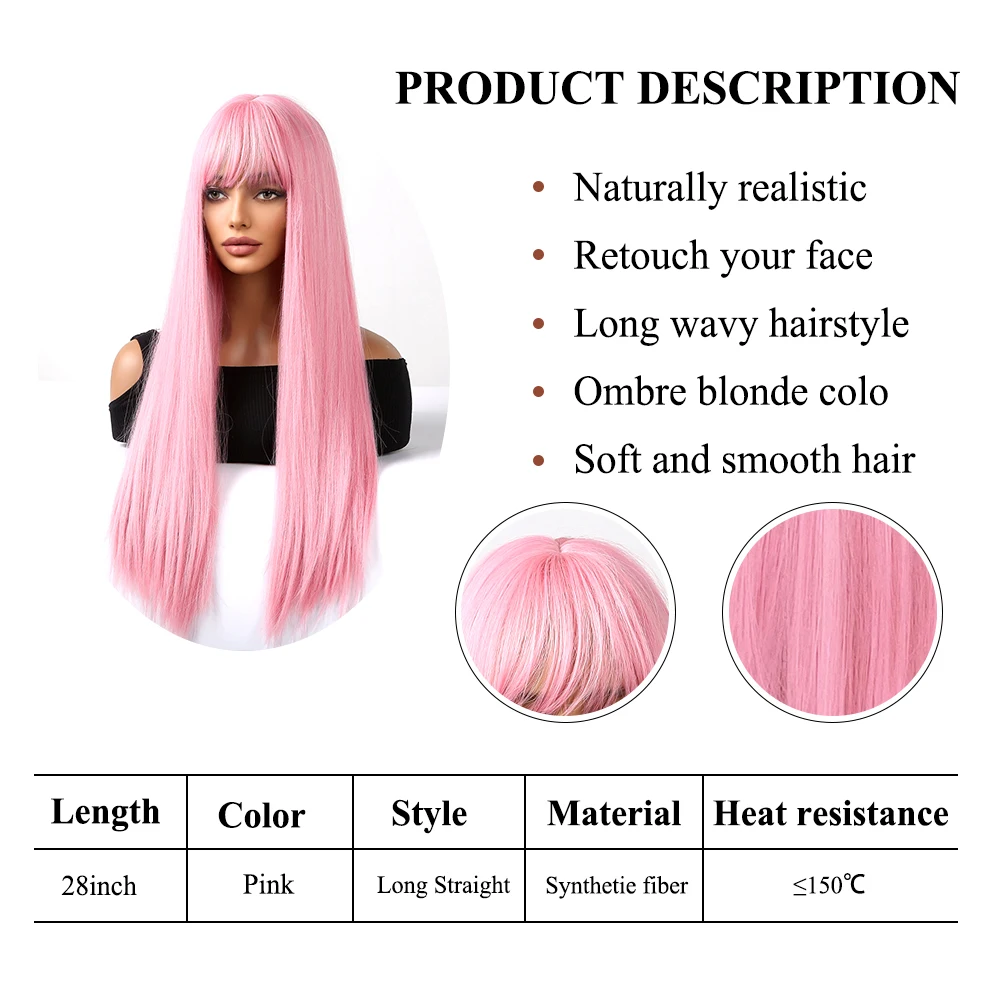 Light Pink Cosplay Long Straight Synthetic Wigs with Bangs Halloween Lolita Colorful Wig for Women Afro Natural Heat Resistant