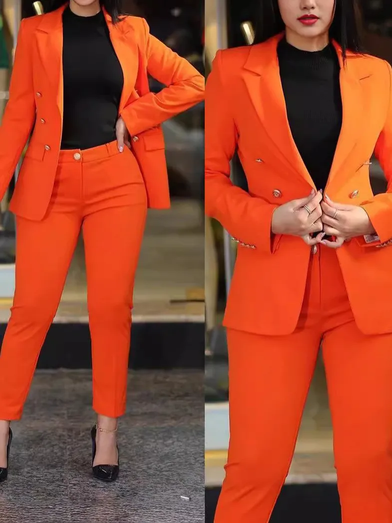 2024 Autumn Winter Women\'s Fashion Suit Solid Color Slim Waist Long-sleeved Suit Jacket + High-waisted Small Pants Office Suit