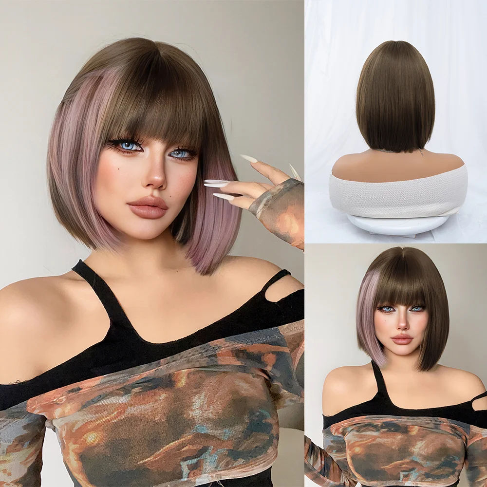 12Inch Brown Highlight Pink Synthetic Wigs With Bang Short Natural Straight Hair Wig For Women Daily Use Cosplay Heat Resistant