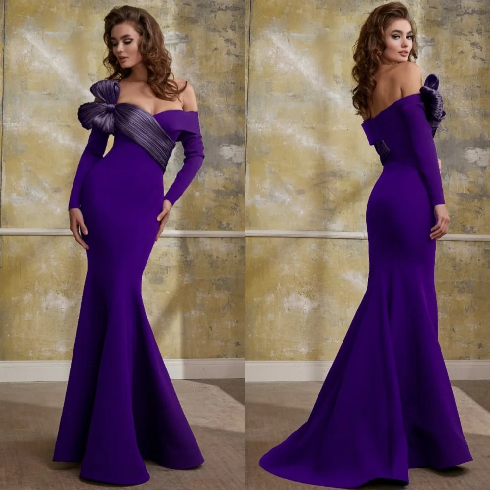 

Customized Fashion Elegant Jersey Bow Pleat Trumpet Off-the-shoulder Long Dresses Bespoke Occasion Retro