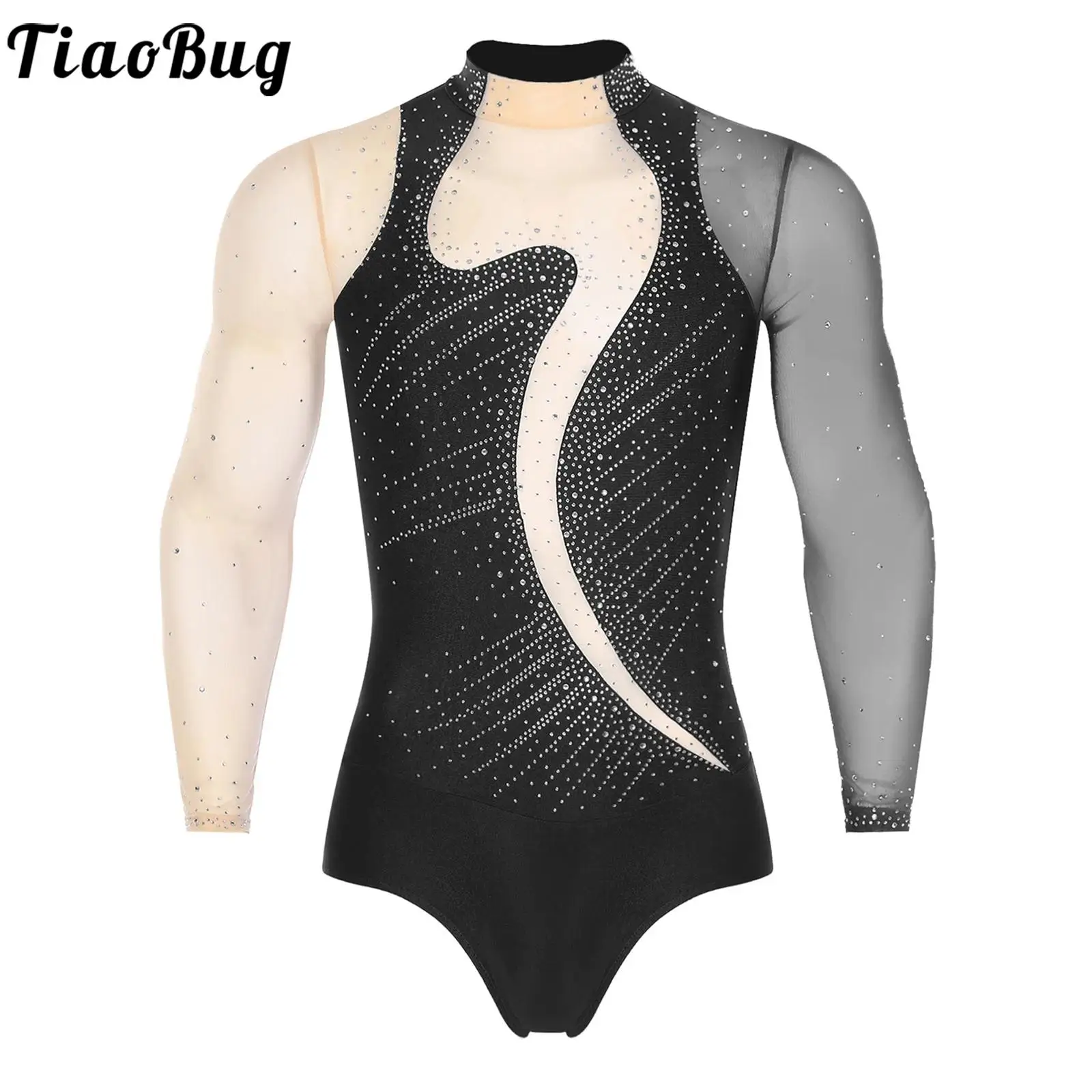 

Men Dance Leotards Figure Skating Performance Costume Ballet Gymnastic Jumpsuit Contrast Color Rhinestones Bodysuits Dancewear