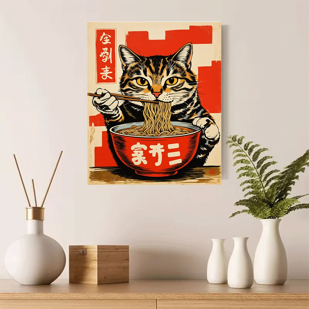 1PC-Unframed Canvas poster wall decoration  Cat Eating Noodles Vintage Poster Art Print Retro Japanese Style Wall Decor