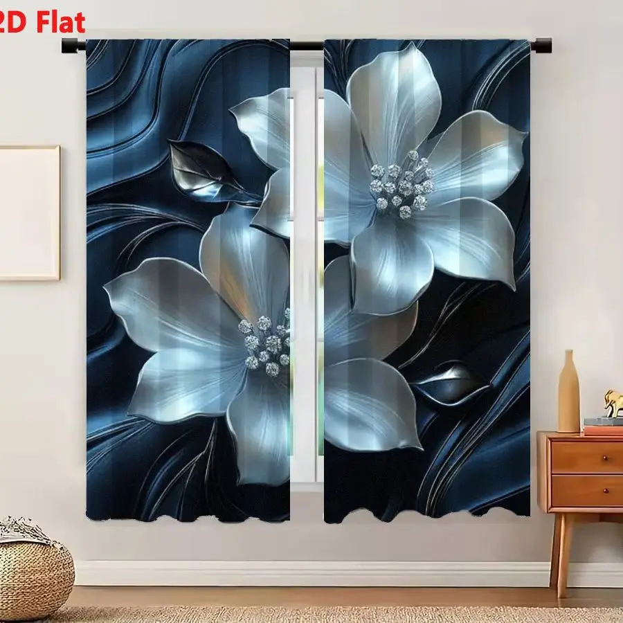 2Pcs Curtains 2D Flat Artistic Rendering Metallic Silver Flowers With Glossy Reflective Surface And Diamond Like Crystals On Dar