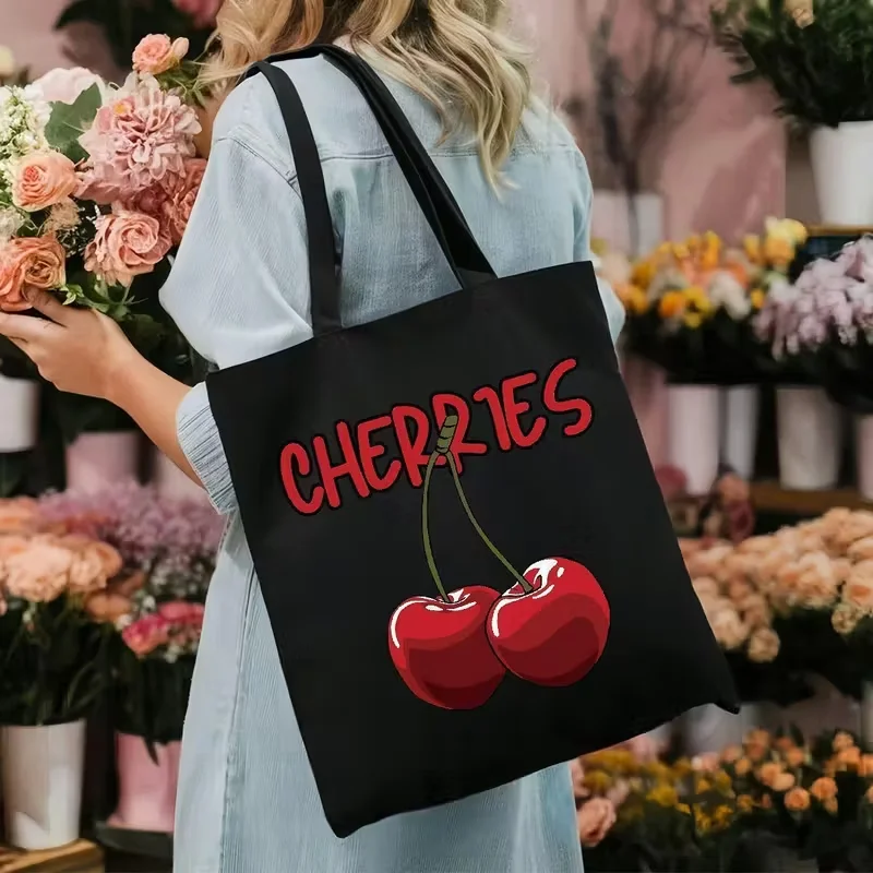 Harajuku Cherry Print Canvas Tote Bag For Women Vintage Red Graphic Shoulder Bag Reusable Shopping Bag Summer Casual Tote Bags