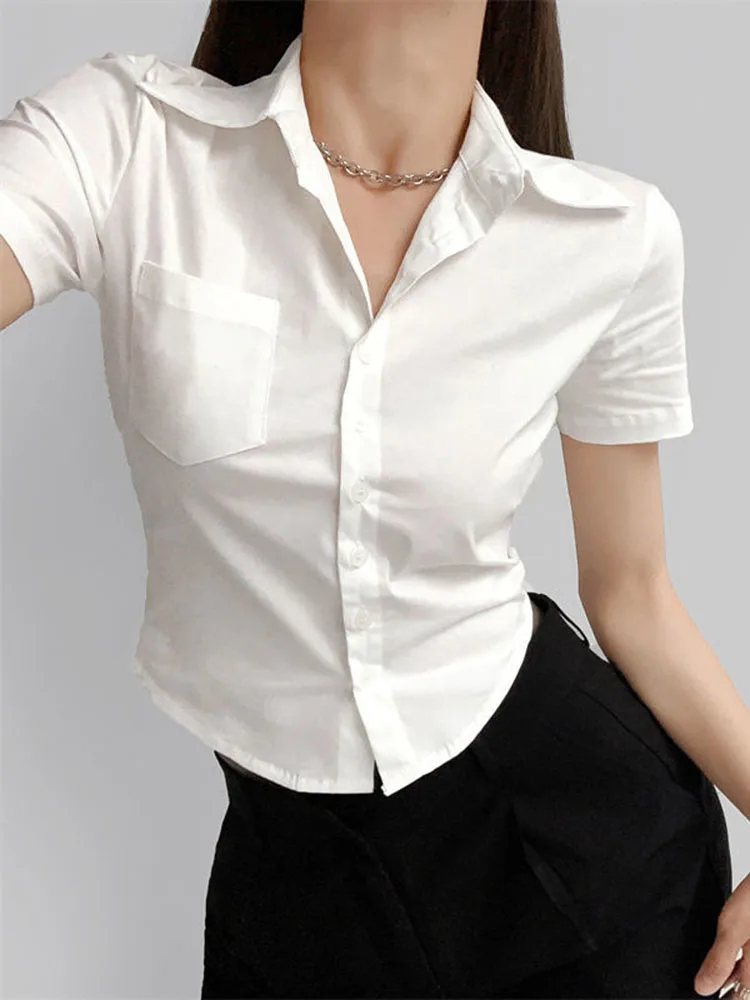 

Zoki Sexy Cropped Office Lady Slim White Shirt Korean Design Pocket Women Short Sleeve Blouse Chic Harajuku High Quality Tops