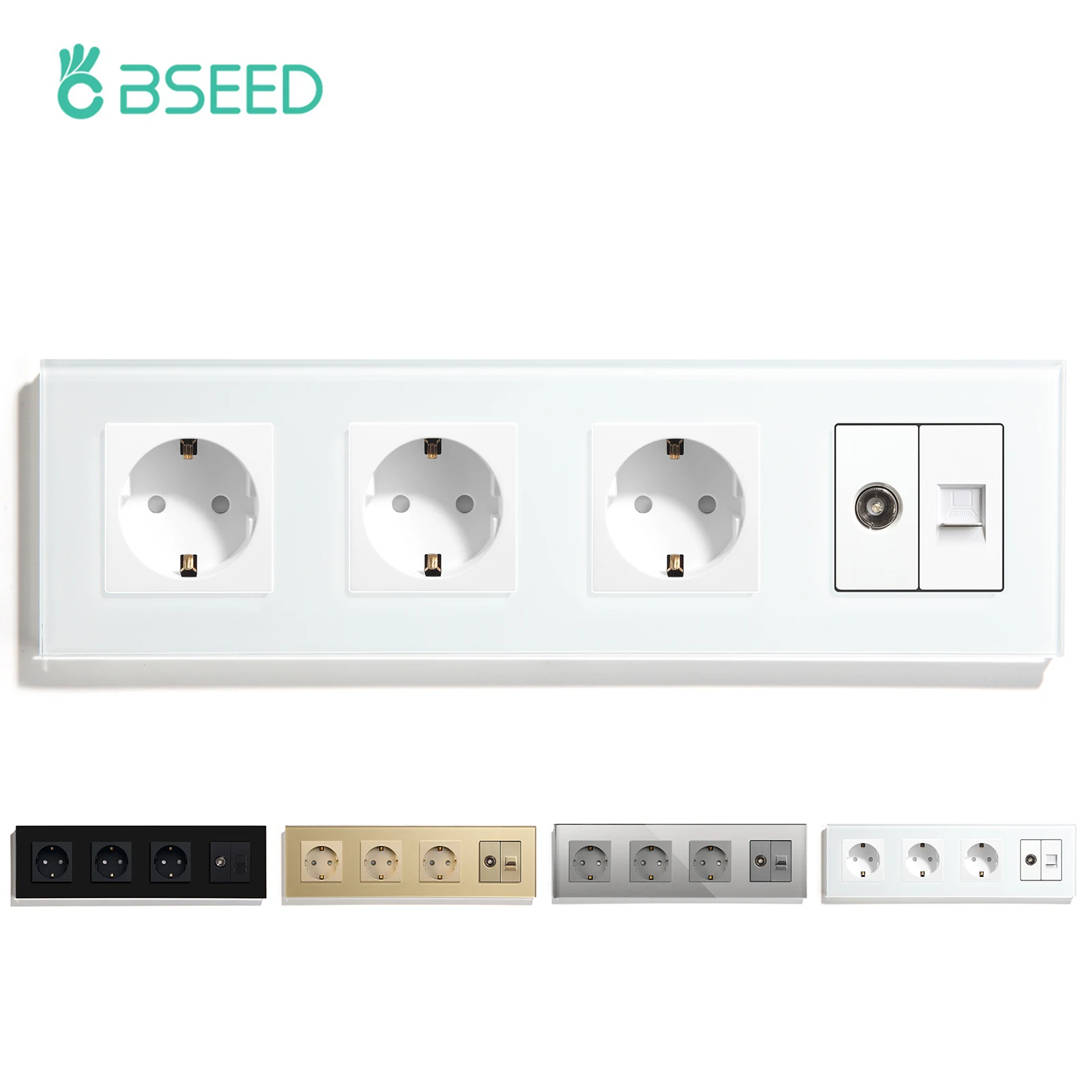 BSEED Triple European Wall Socket With TV PC Outlet Computer RJ45 Network Jack Television Power Outlet Crystal Glass Panel