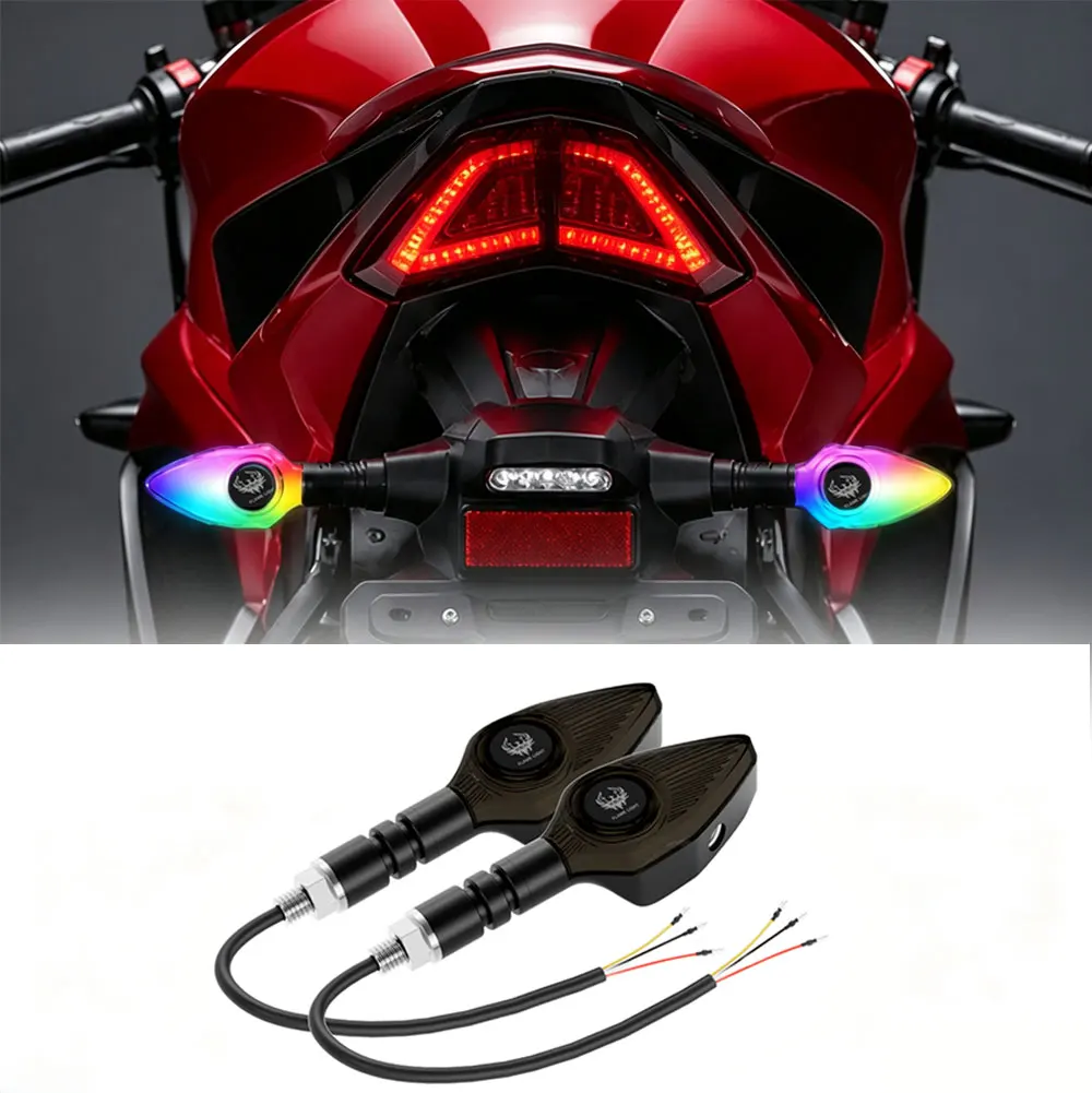 A Pair Universal Motorcycle LED Turn Signal Lamp  27 Modes Color Projection Lamp Flowing Flash Indicator Lights Running Light