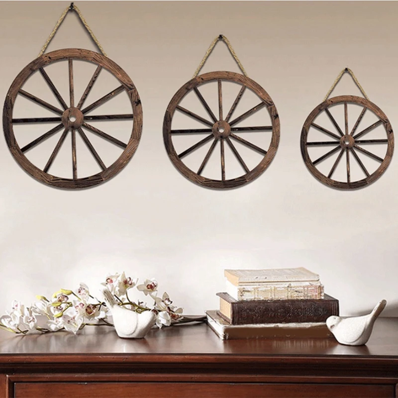 3Pcs Wooden Wagon Wheel Wall Hanging Rustic Garden Wall Art Vintage Hanging For Home Garage Wheel Shaped Pendant Decor