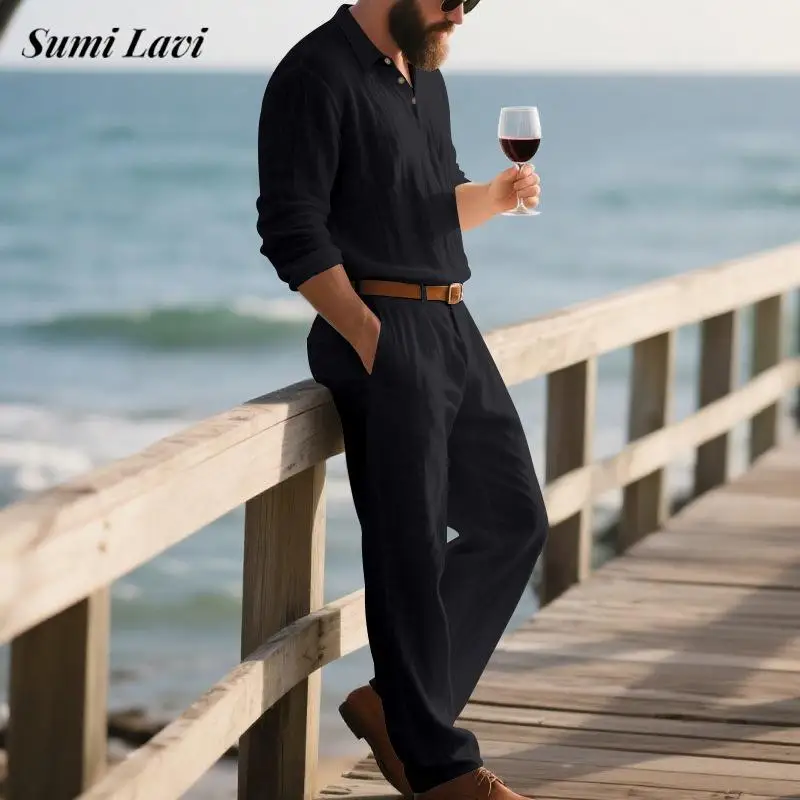 

Стильные мужские однотонные костюмы-двойки, льняные рубашки поло на пуговицах с длинными рукавами и брюки, мужские наряды, винтажные свободные комплекты