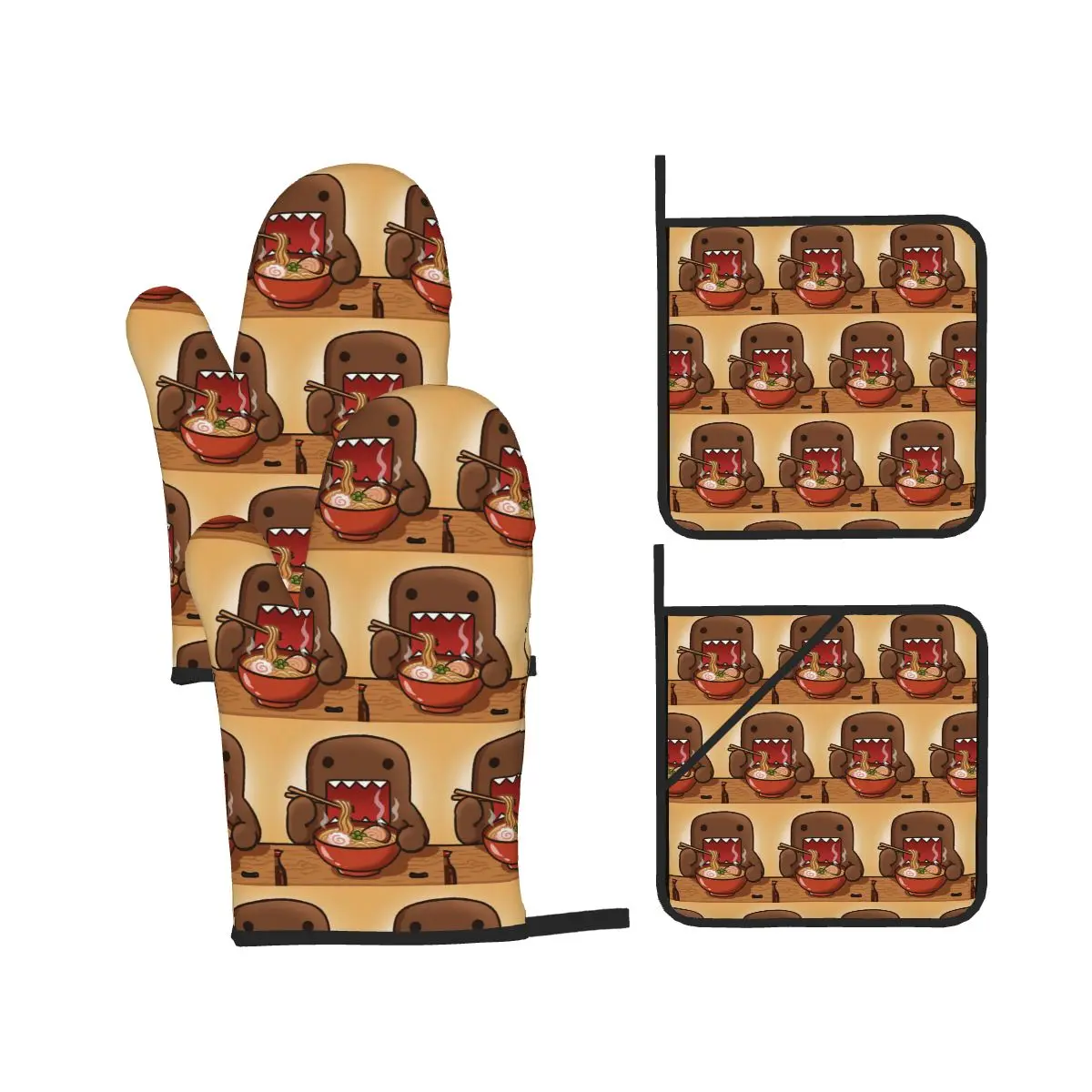 Domo Kun Doll Face Graphic Oven Mitts and Pot Holder Sets of 4 for Baking Kitchen Cooking Grilling Resistant Non-Slip Gloves