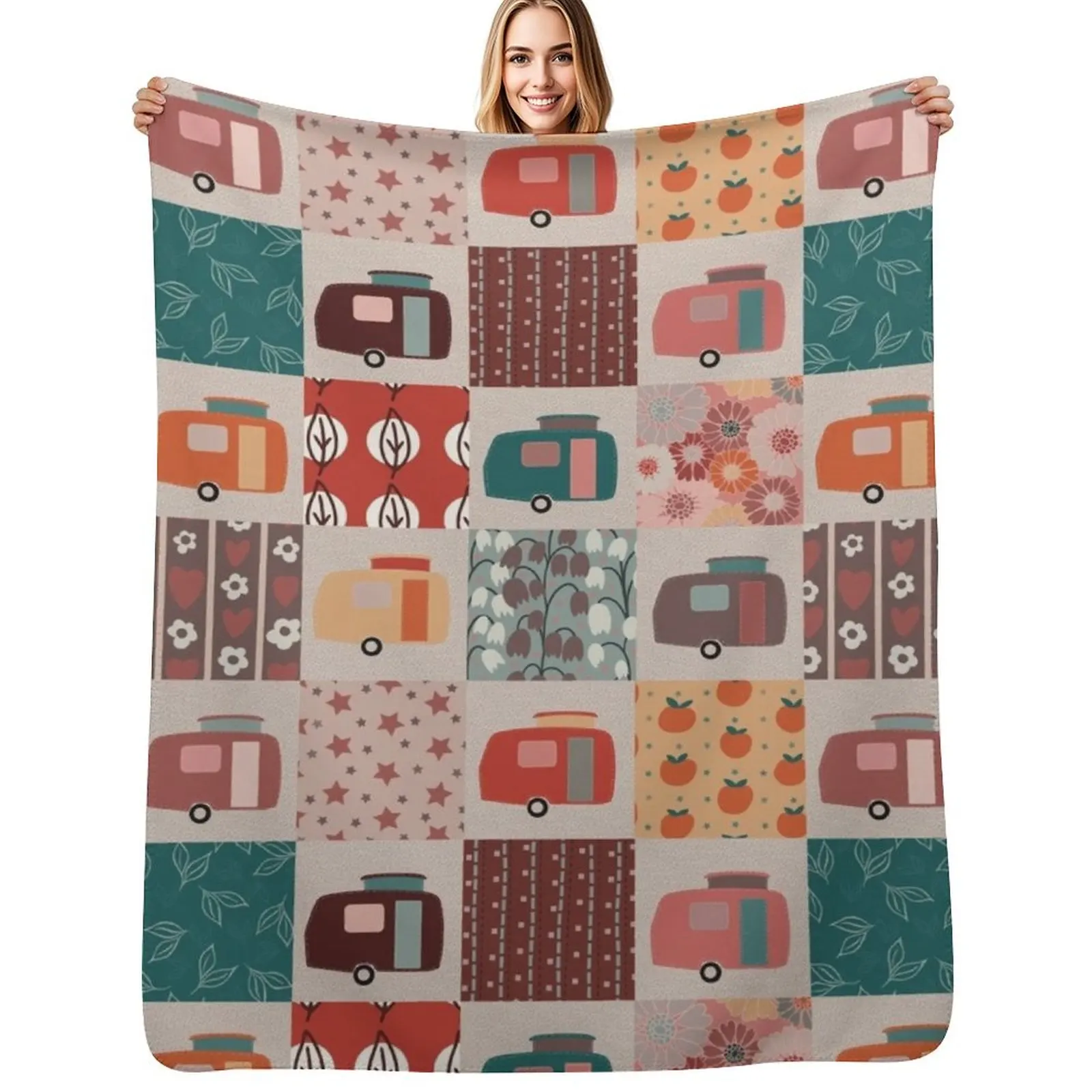 

Colourful Patchwork of Vintage Caravans Throw Blanket Loose cosplay anime Single Softest Blankets