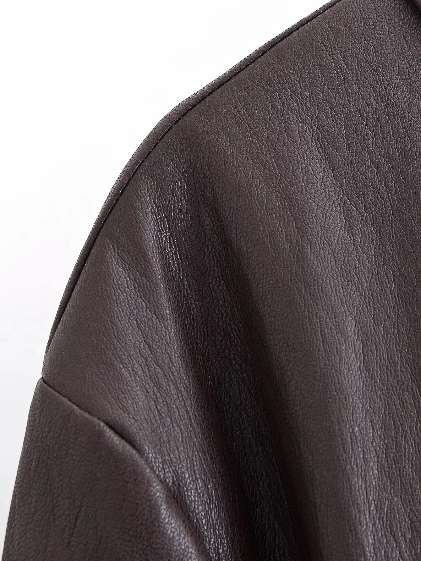 Damska odzież transgraniczna 2025 jesień i zima, styl europejski i amerykański, kurtka ze skóry PU z klapami i wiązaniem w talii.