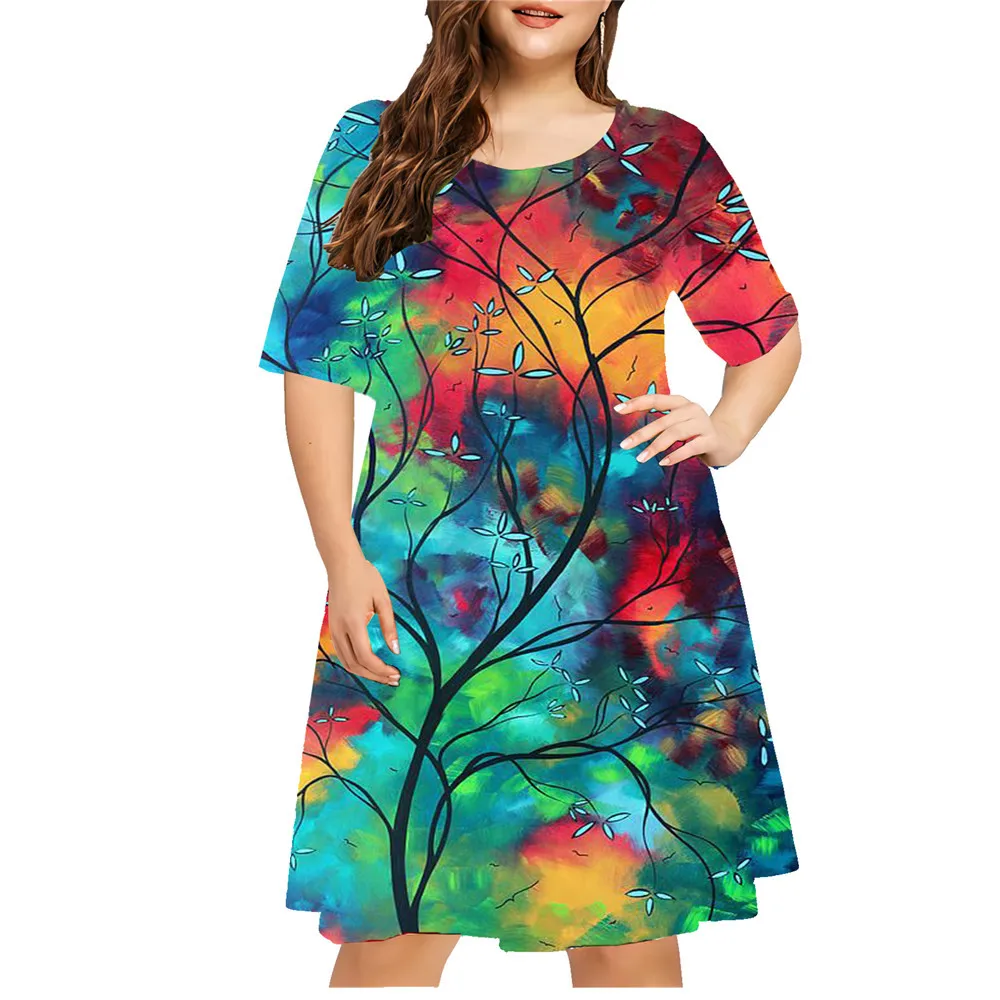 Tie Dye Gradient 3D Print Dress Summer Women Abstract Pattern Short Sleeve Dress Plus Size Loose Casual Pullover Ladies Clothing