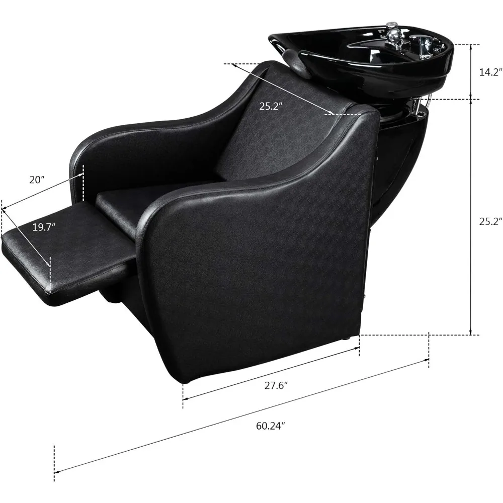 Salon Shampoo Backwash Chair with Ceramic Bowl, Adjustable Leg Rest, Tilting Sink, Hair Washing Treatment Unit Station