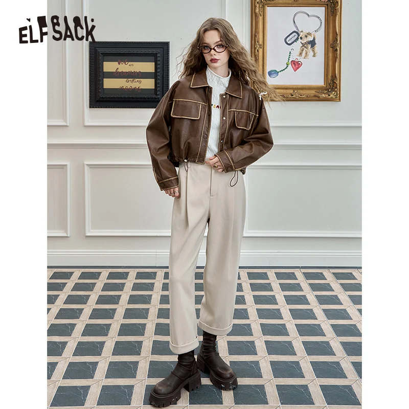 ELFSACK 2024 Winter New Arrivals Loose double-sided velvet white star wide leg pants for women