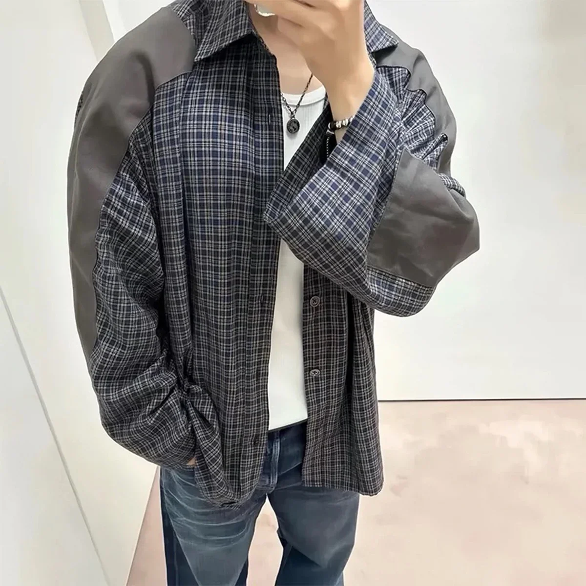 Harajuku Patch Contrast Color Checkered Shirts for Men and Women Turn-down Collar Oversized Casual Long Sleeve Fall Plaid Shirt