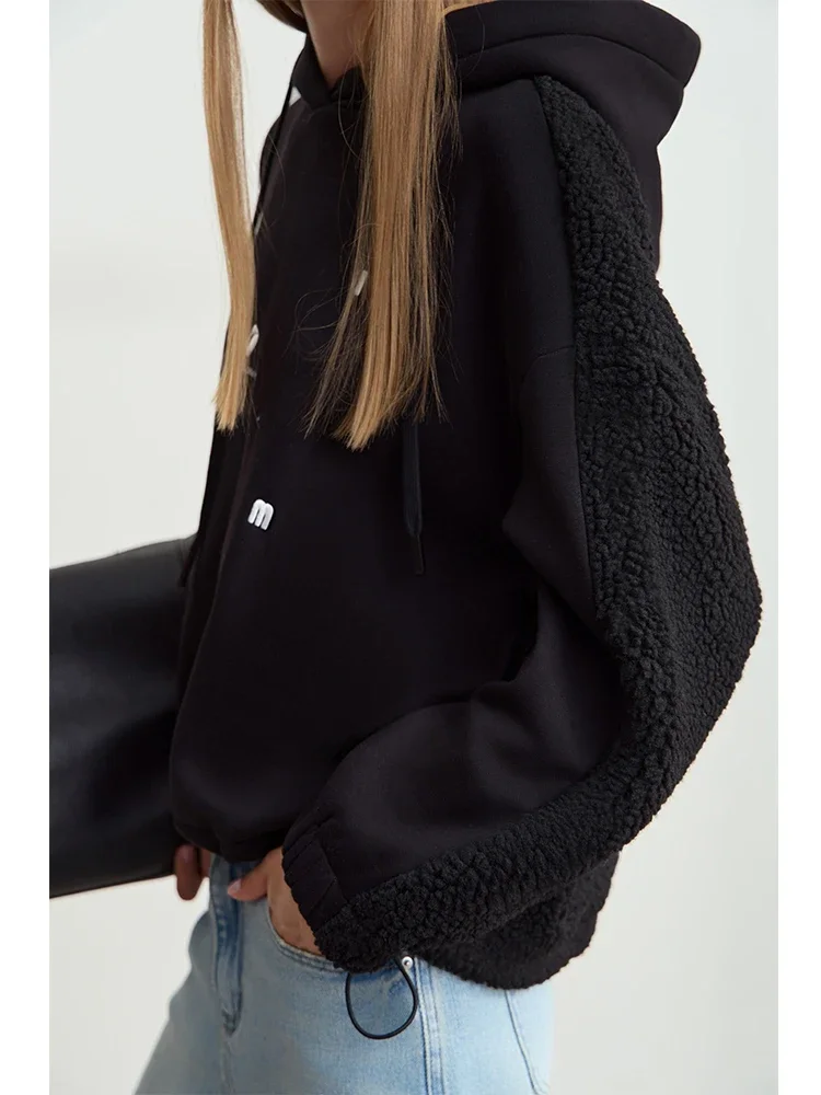 Amii Drawstring Hooded Splicing Imitation Lamb Wool Sweatshirt Embroidered 2024 Winter Women\'s Loose Thermal Tops 12444131