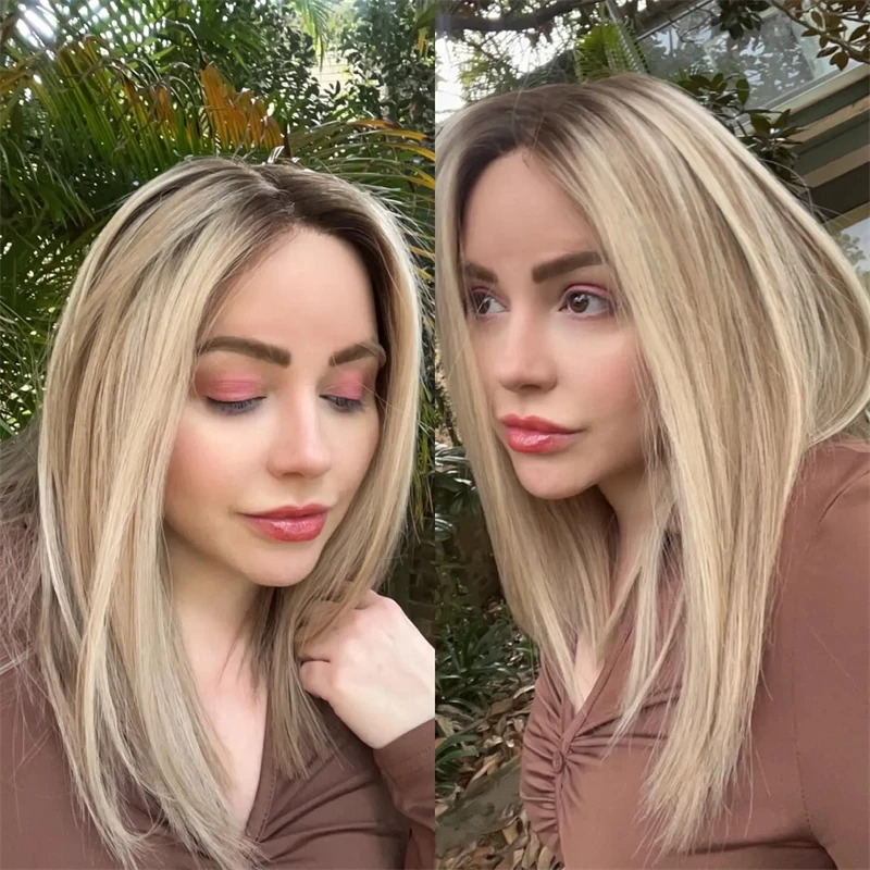 Perruque Lace Front Wig Remy lisse blond platine ombré 13x1, perruque frontale à dentelle transparente HD, délié pré-plumé, 100% cheveux humains