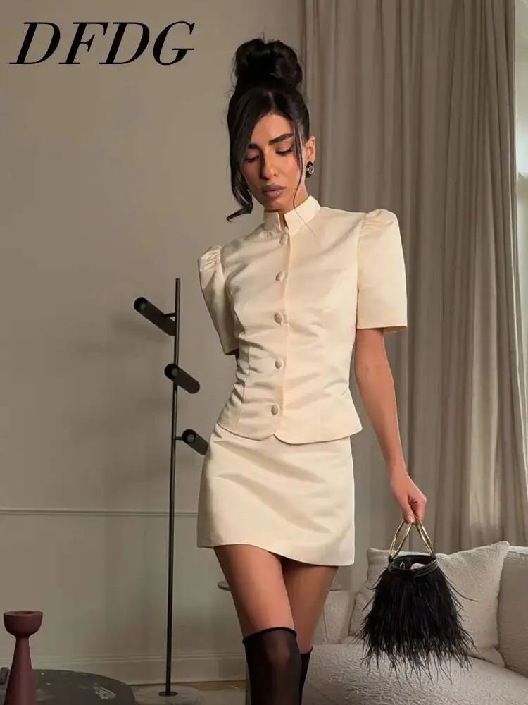 

DFDG Women 2026 Spring Summer Satin Two Piece Outfit Mandarin Collar Puff Sleeve Slim Fit Top Mini Skirt Elegant Office Set