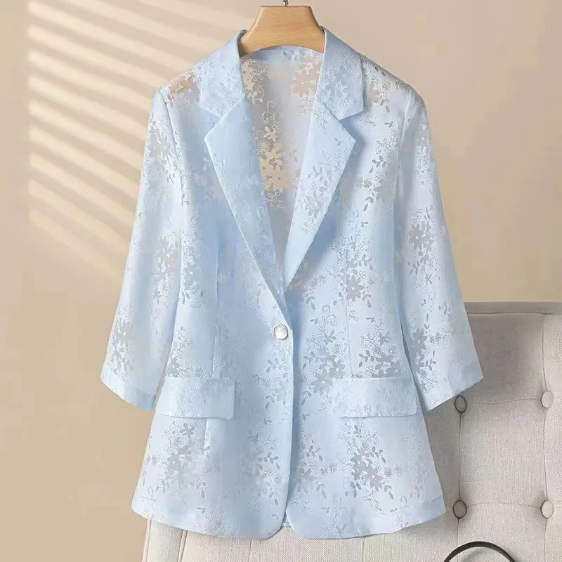 Thin Lace Suit Jacket Women's Blazer New Summer Sun Protection Hollowed Out Three-Quarter Sleeve Suit Casaco Feminino