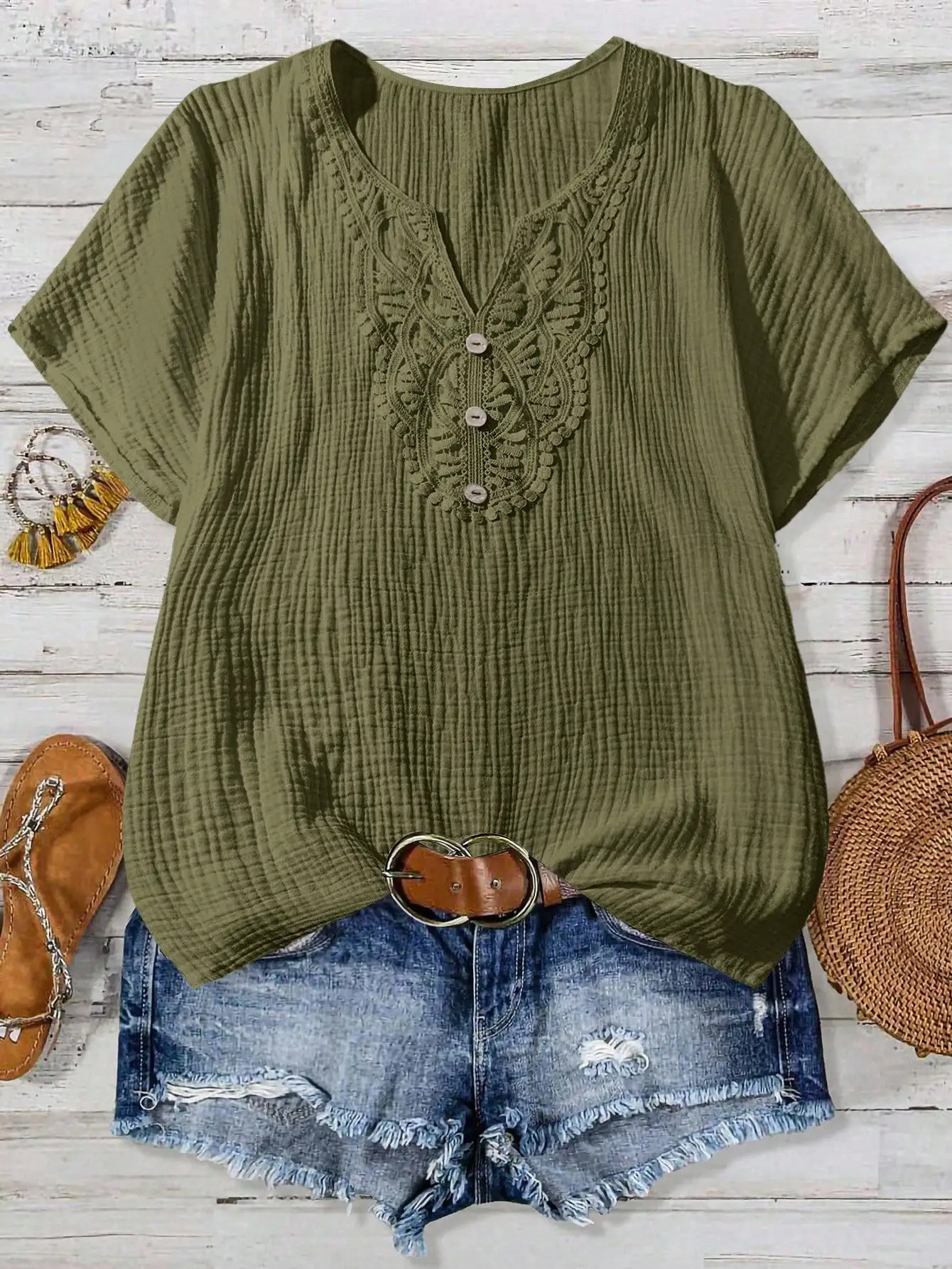 

Olive Green Loose Summer Blouse With Lace V-Neck And Buttons