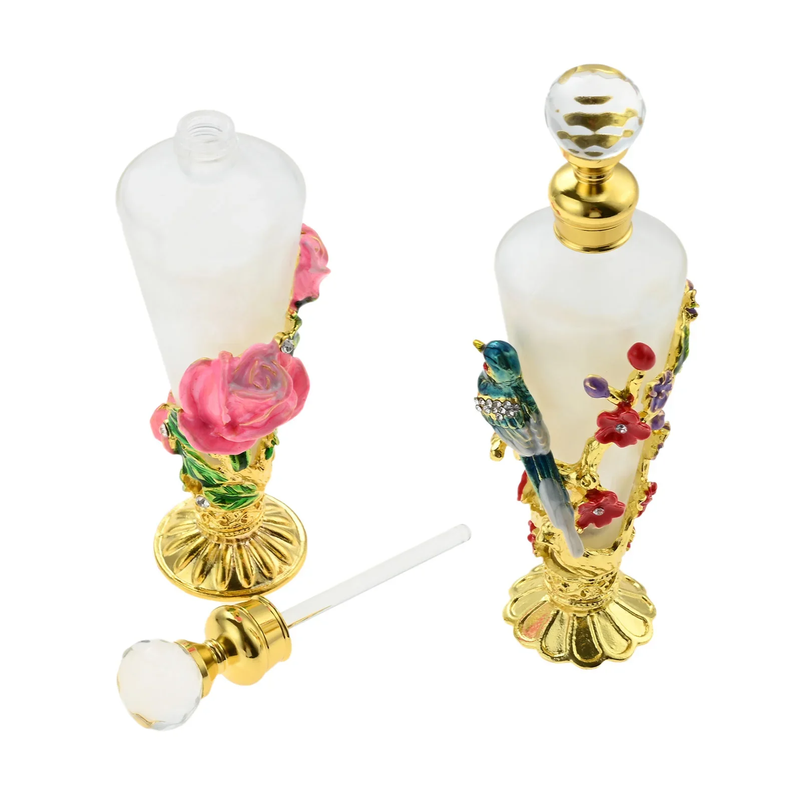 Exquisite Perfume Bottle 30ml Enamel Pink Rose/Blue Bird Pattern Gilded Frosted Glass Container for Essential Oil Lotion Toner