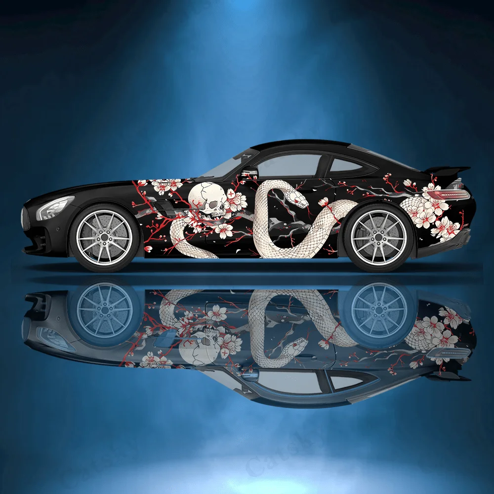 White Snake Sticker with Flowers Car Vinyl Wraps Decal PVC Anti Scratch Sticker Suitable for Trucks SUV Decor Auto Accessories