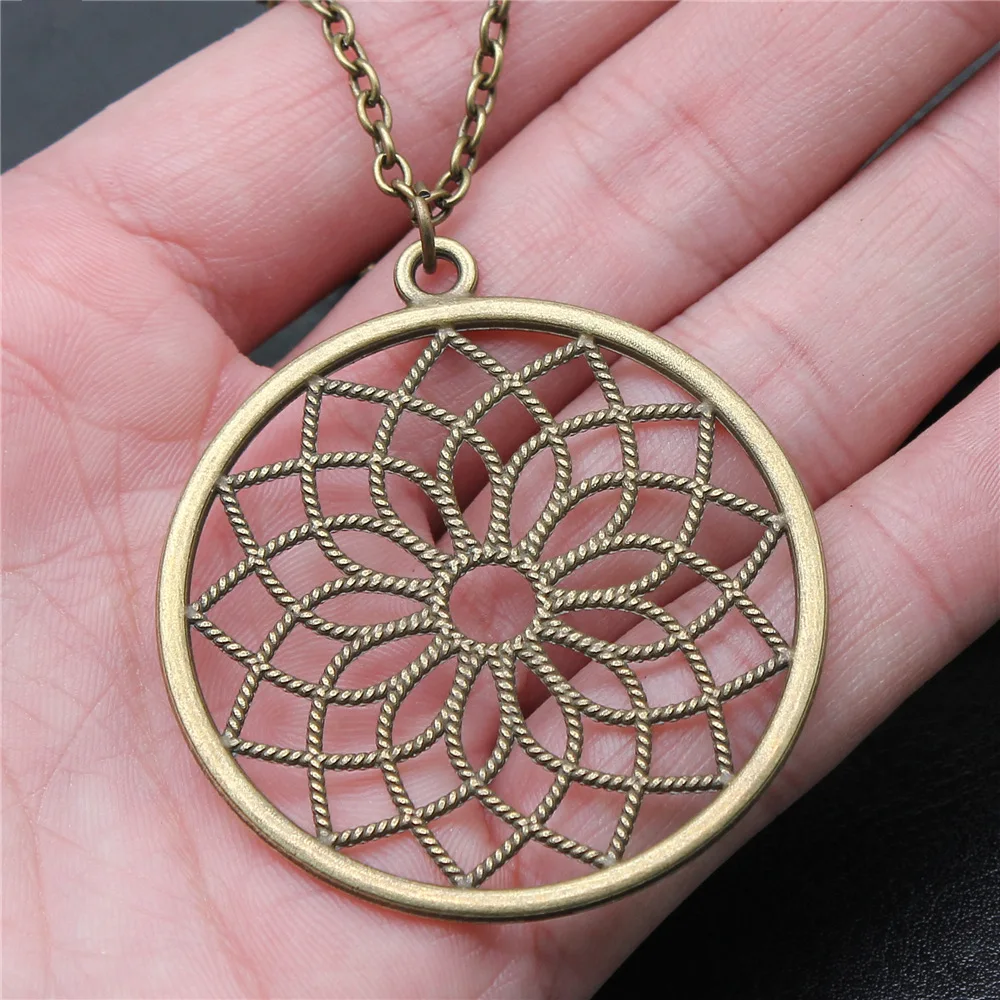 Vintage Antique Bronze Color 49x49mm Round Flower Of Life Pendant Necklace For Women Men Long Chain Trendy Jewelry Accessories