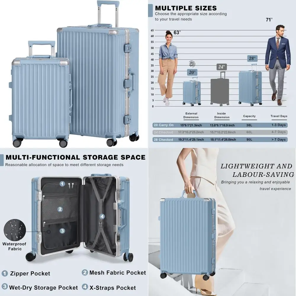 

Aluminum Frame Carry-On and Checked Luggage Set, PC ABS Hard Shell, TSA Lock, No Zipper, Haze Blue, 20/28 Inch