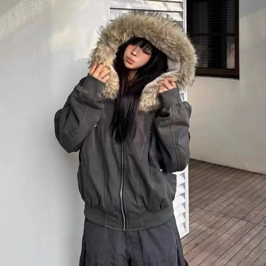 

Winter Jackets Fur Collar Parkas Women Vintage Thicken Fleece Warm Jackets Streetwear Harajuku Hip Hop Padded Jackets Outwear