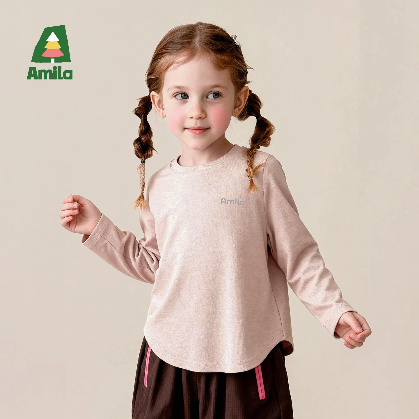 Amila 2026 Autumn New Kids T Shirt Wool Solid Color Long Sleeve Letter Print Smooth Skin Friendly Fashion Daily Long Sleeve Top