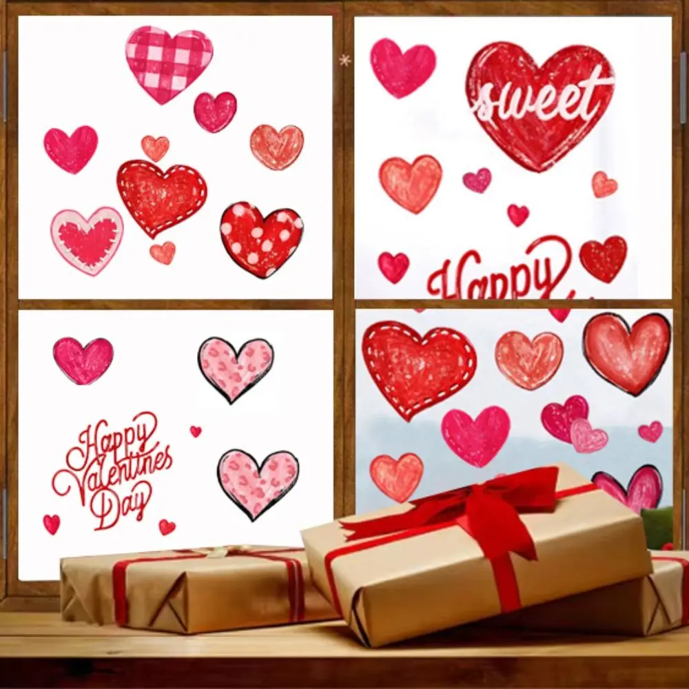 49PCS/6Sheets DIY Heart Shaped Valentine’s Day Love Stickers Romantic PVC Window Stickers Red Wall Stickers Holiday Party