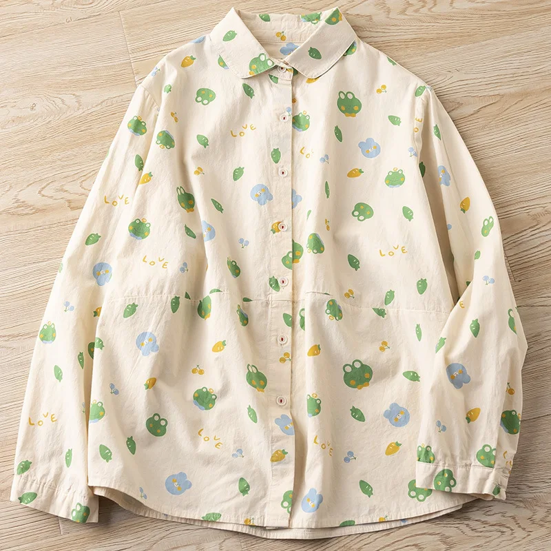 

Japanese Sweet Mori Girl Cartoon Printed Cotton Shirts Women Spring Autumn Turn Down Collar Long Sleeve Casual Loose Blouse Tops