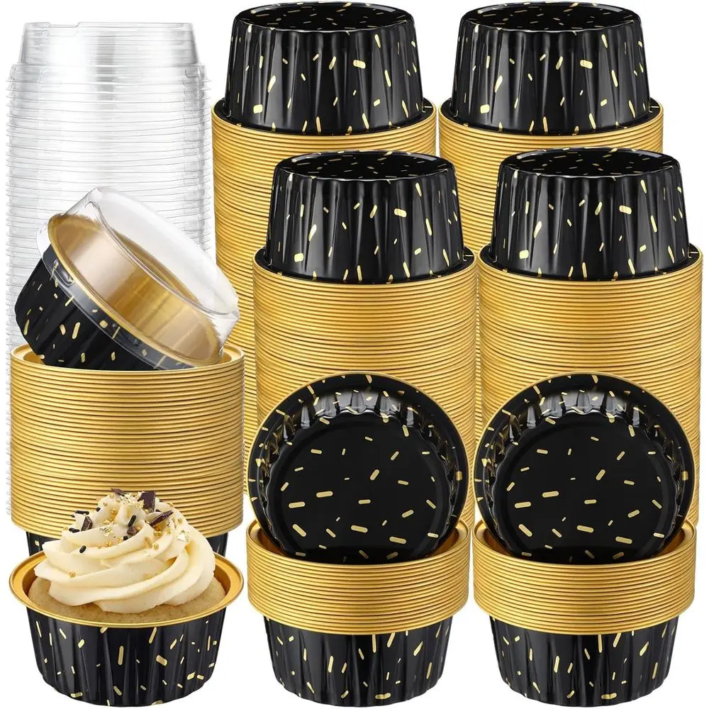 

400 Pack Meteor Style Cupcake Bg Cups with Lids, 5 oz Round Cupcake Liners, Black and Gold Disposable Cake Pans, Mini Dert Conta