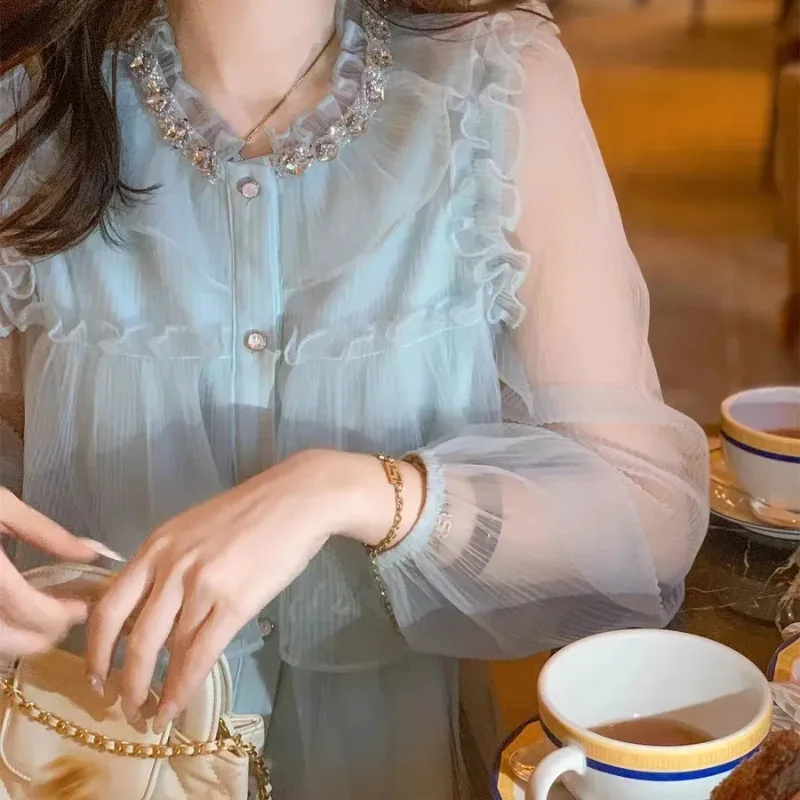 Spring Women's Clothing Ladylike Long-sleeved Western-style Hollow Chiffon Shirt