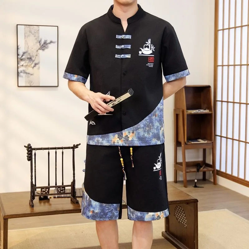 Summer Fashion Trend Printed Short-Sleeved Shirt Sports Suit Men's Loose Sports Fashion Breathable Large Size Two-Piece Set 4XL