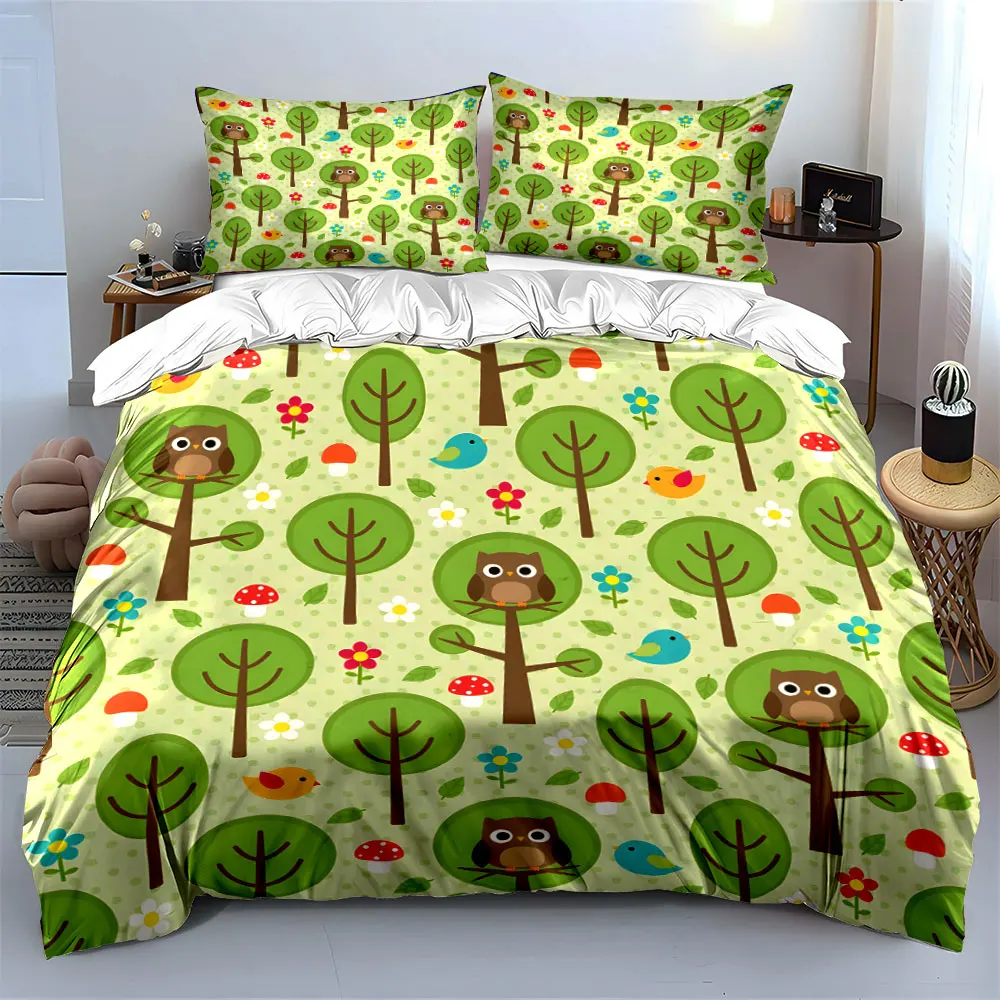 Owls, trees, mushrooms, birds. Print Bedding Set 1 Duvet Cover 2 Pillowcases for Adult and Children Luxury Gift Full Size