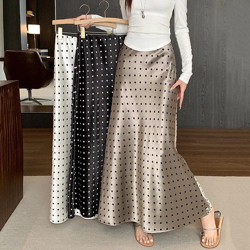 Vintage Beige Polka Dot Satin Mermaid Maxi Skirt Women High Waist Glossy Satin Flowy Long Skirt Elegant Party Dating Street Wear
