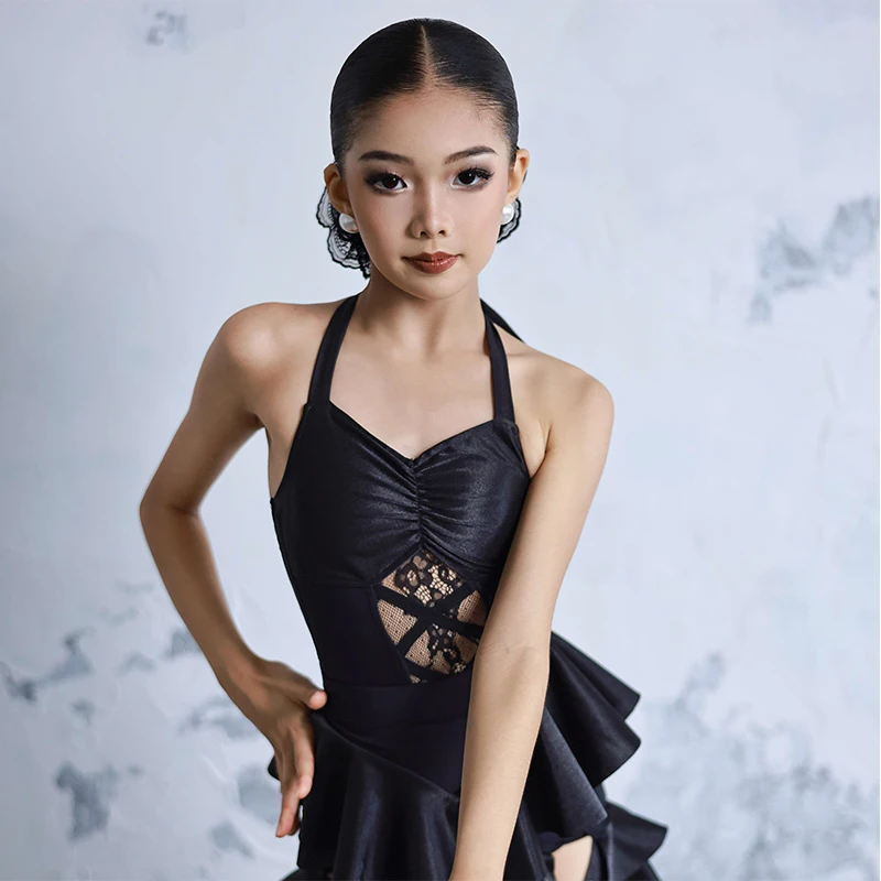 Schwarz Latin Dance Kleid Mädchen Sommer Latin Performance Kostüm Neckholder Spitze Top Layered Rock Kinder Praxis Dancewear AMY2264