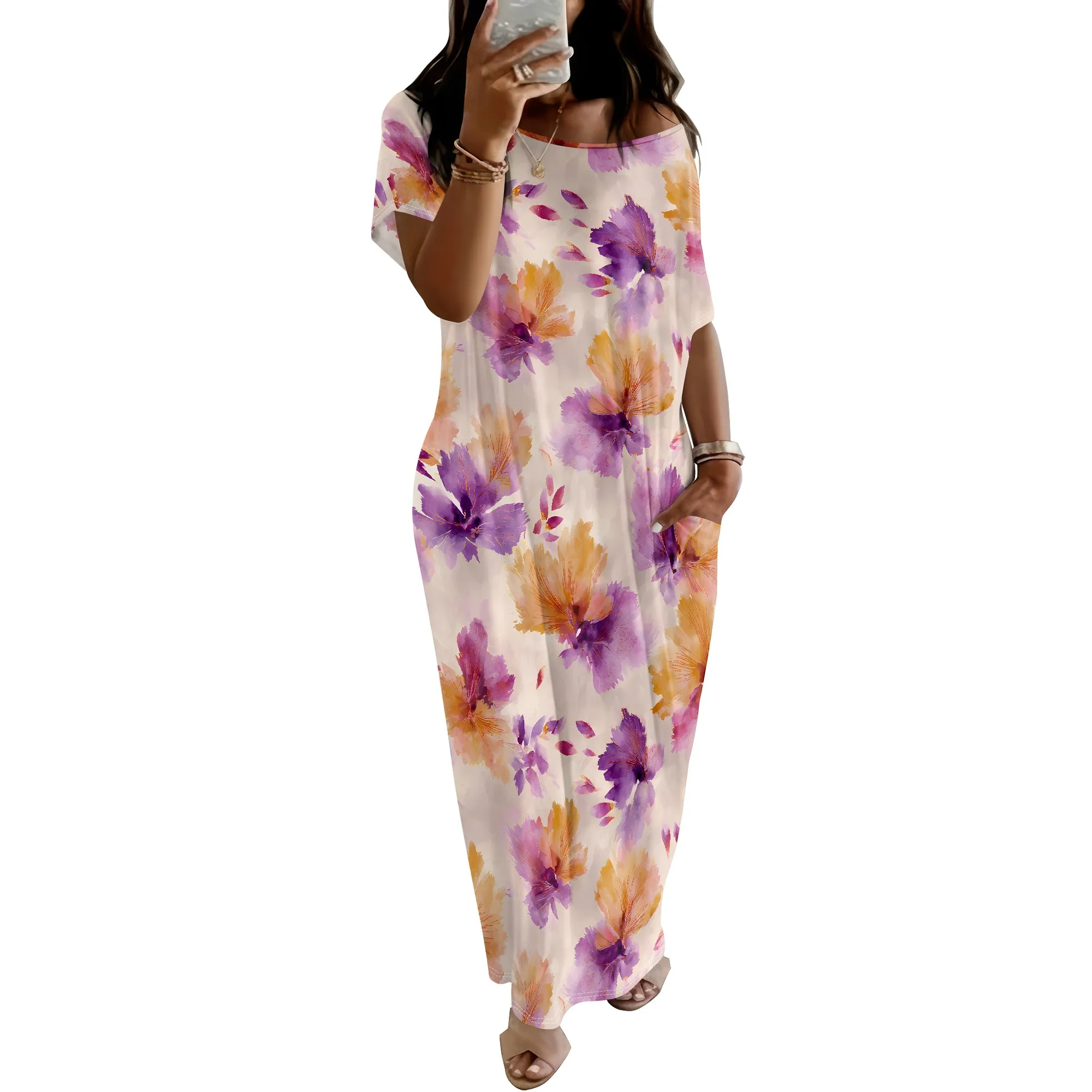 Floral Print Maxi Dress Purple And Orange Flower Pattern Short Sleeve Summer Sundress With Pockets Casual Beach Vacation Wear